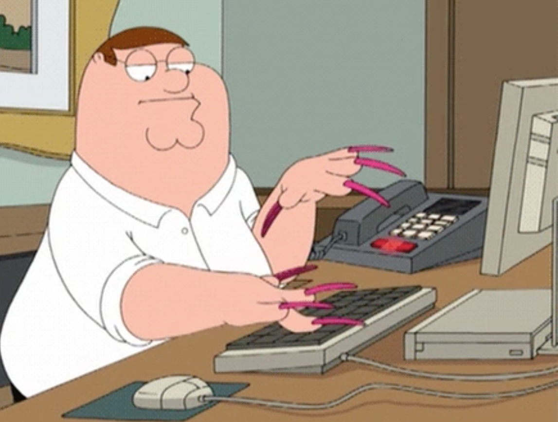 Screenshot from &quot;Family Guy&quot; of Peter typing with very long fingernails
