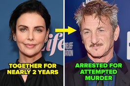 CHARLIZE THERON AND sean penn with an arrow between them