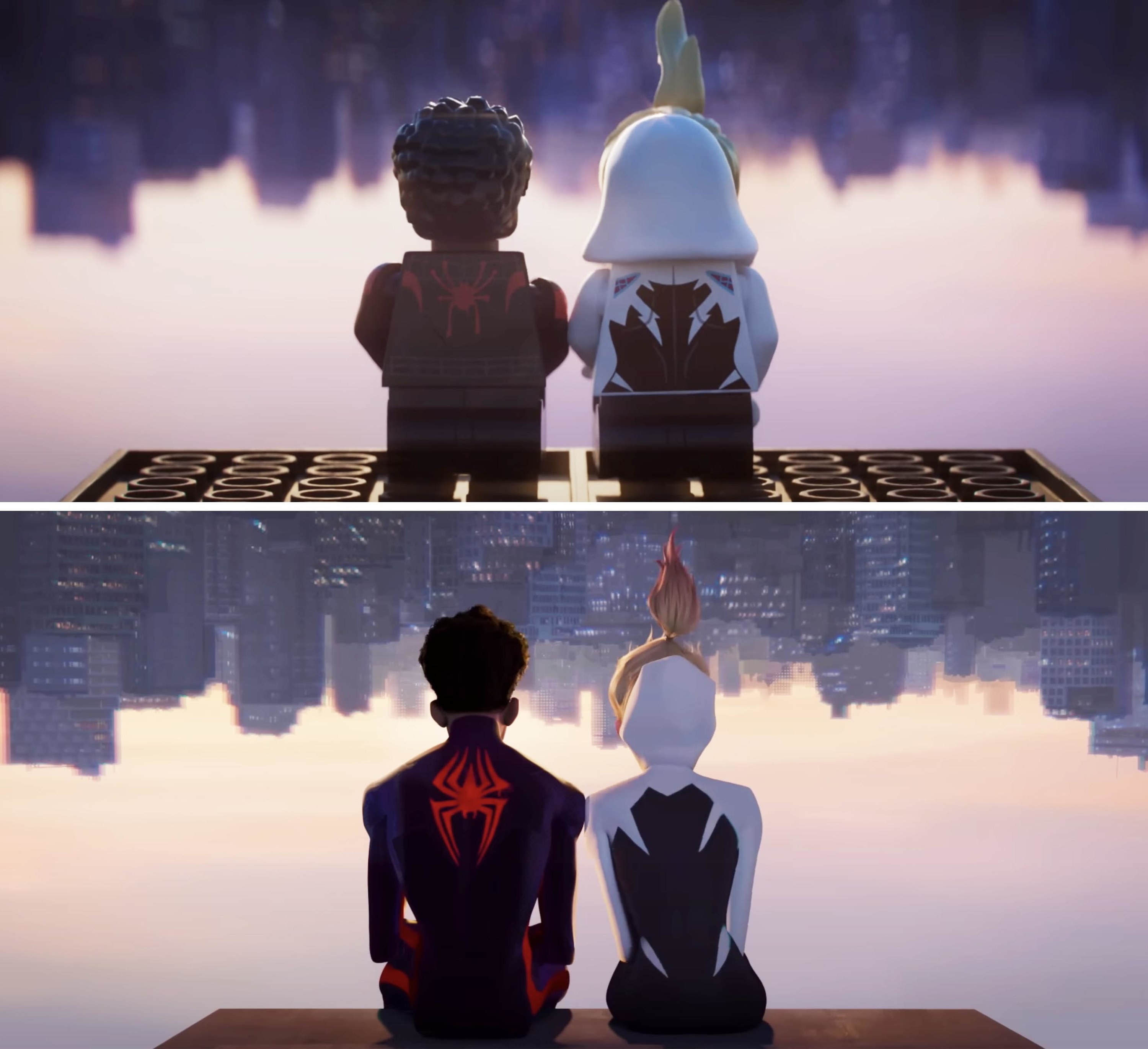 The lego version of Miles and Gwen sitting upside down on a building as they chat in the top picture and the animated version in the bottom picture
