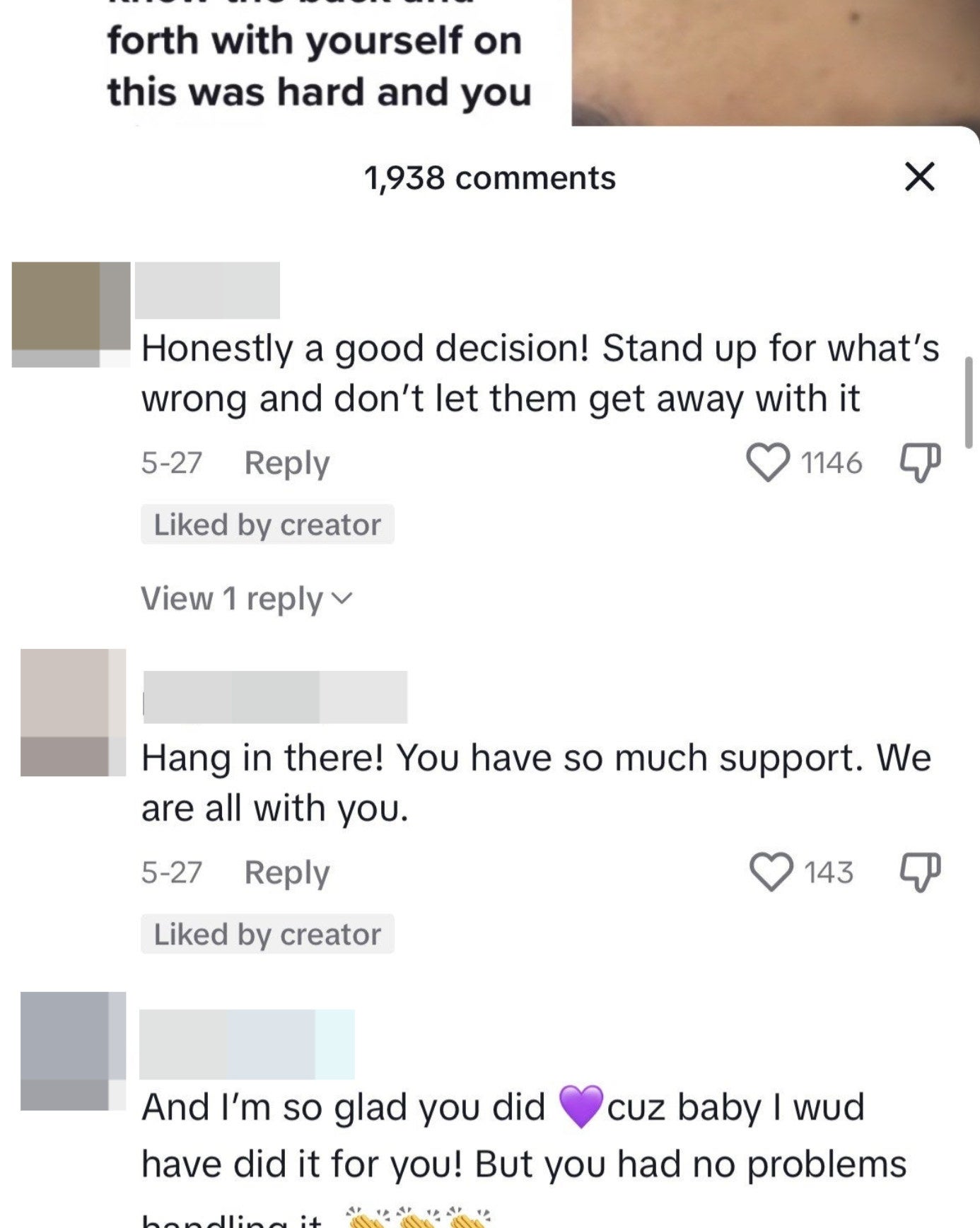 Encouraging TikTok comments, including &quot;Honestly a good decision!&quot; and &quot;Hang in there! You have so much support; we are all with you&quot;