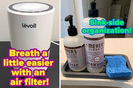 L: a reviewer photo of an air filter and text reading "Breath a little easier with an air filter!", R: a reviewer photo of dish soap sitting on a gray tray and text reading "Sink-side organization!"
