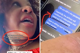On the left is Taila confronting the man in her video and on the right are the text messages that read "hopefully the airlines will continue to raise prices and weed out these people"