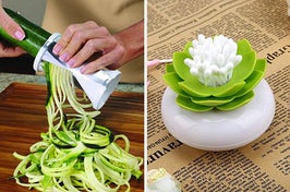 on left: reviewer holding zucchini spiralizer. on right: lotus-shaped Q-Tip holder