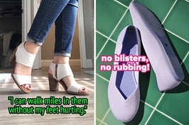 reviewer wearing white chunky heels / lavender knit flats