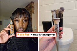 on left: reviewer wearing L'Oreal foundation. on right: reviewer holding big silver makeup brush in front of matching brush set