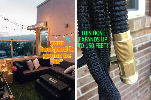 A patio at dusk with round string lights on a black wire "your backyard is gonna be lit"/ reviewer closeup of hose material and nozzle "this hose expands up to 150 feet"