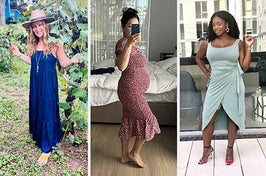 on left: reviewer in sleeveless dark blue tiered maxi dress. in middle: reviewer in short sleeve red and white floral-print midi dress with ruffle bottom. on right: reviewer in sleeveless light blue wrap-front midi dress