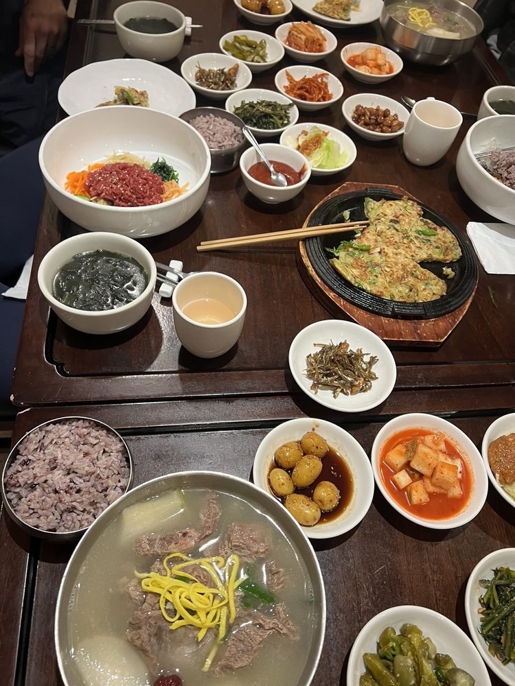 A table with various Korean dishes