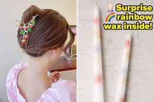 L: model wearing strawberry claw clip R: two candles with text on image "surprise rainbow wax inside"