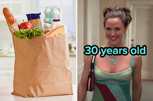 On the left, a paper bag full of groceries, and on the right, Jenna from 13 Going on 30 labeled 30 years old
