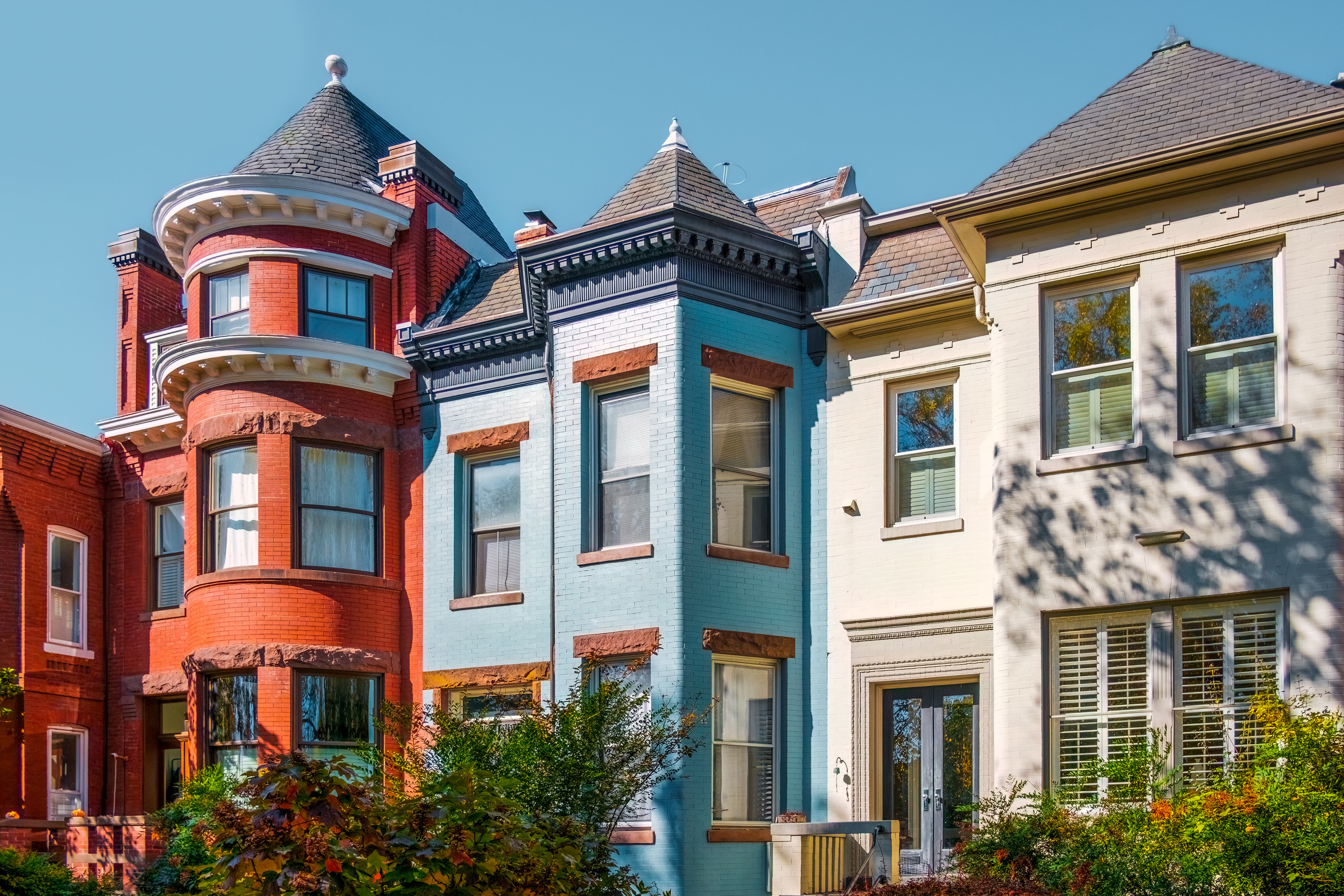 Close-up of a row of townhouses in Capitol Hill neighborhood of Washington, DC