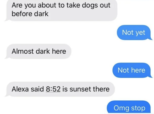 Parent asks if they&#x27;re about to take the dogs out before dark, and when child says &quot;not yet,&quot; parent says &quot;almost dark here,&quot; child says &quot;not here,&quot; parent says &quot;Alexa said 8:52 is sunset there,&quot; and child says &quot;Omg stop&quot;