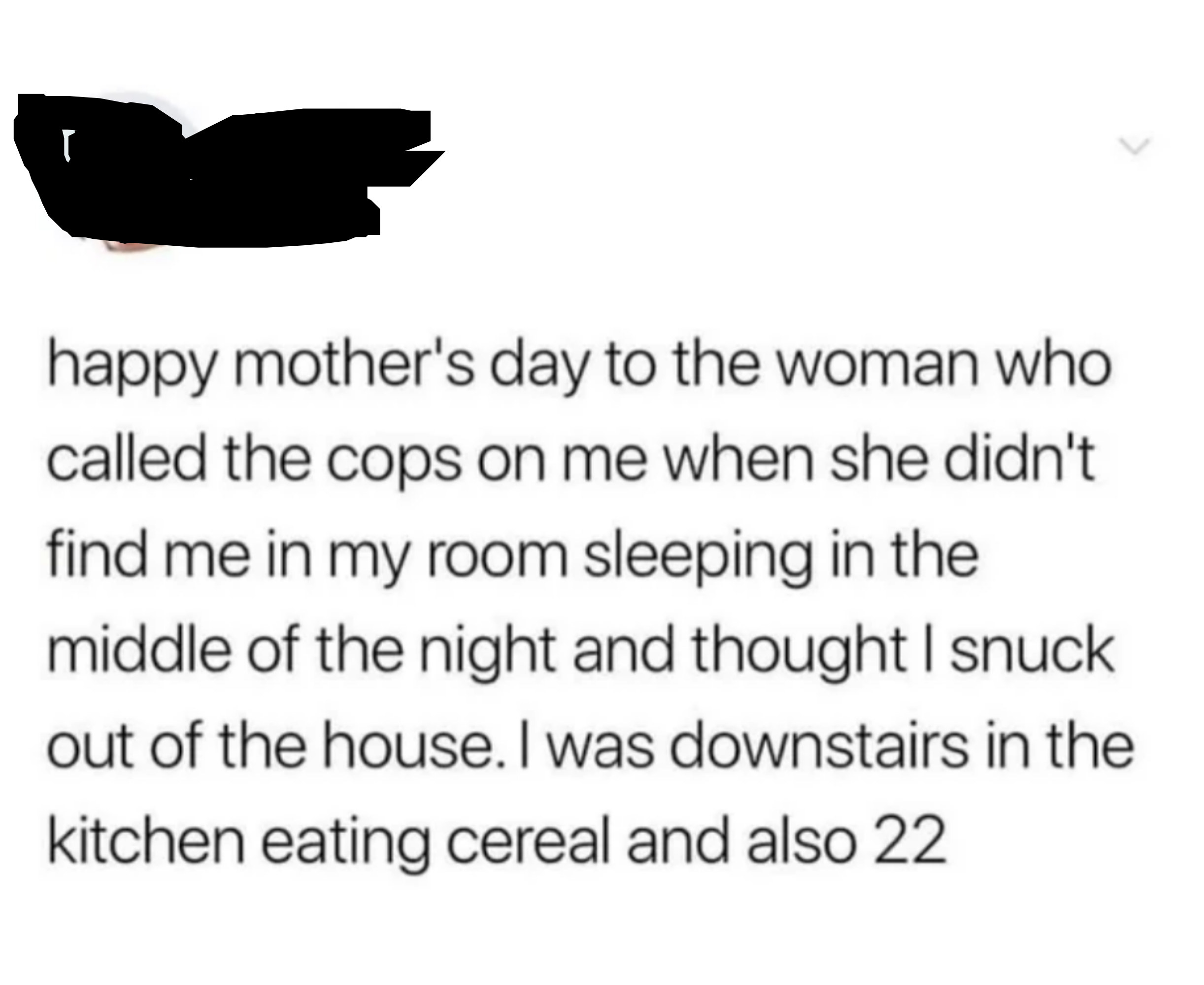 Child wishes &quot;happy Mother&#x27;s Day to the woman who called the cops on me when she didn&#x27;t find me in my room sleeping in the middle of the night and thought I snuck out of the house; I was downstairs in the kitchen eating cereal and also 22&quot;