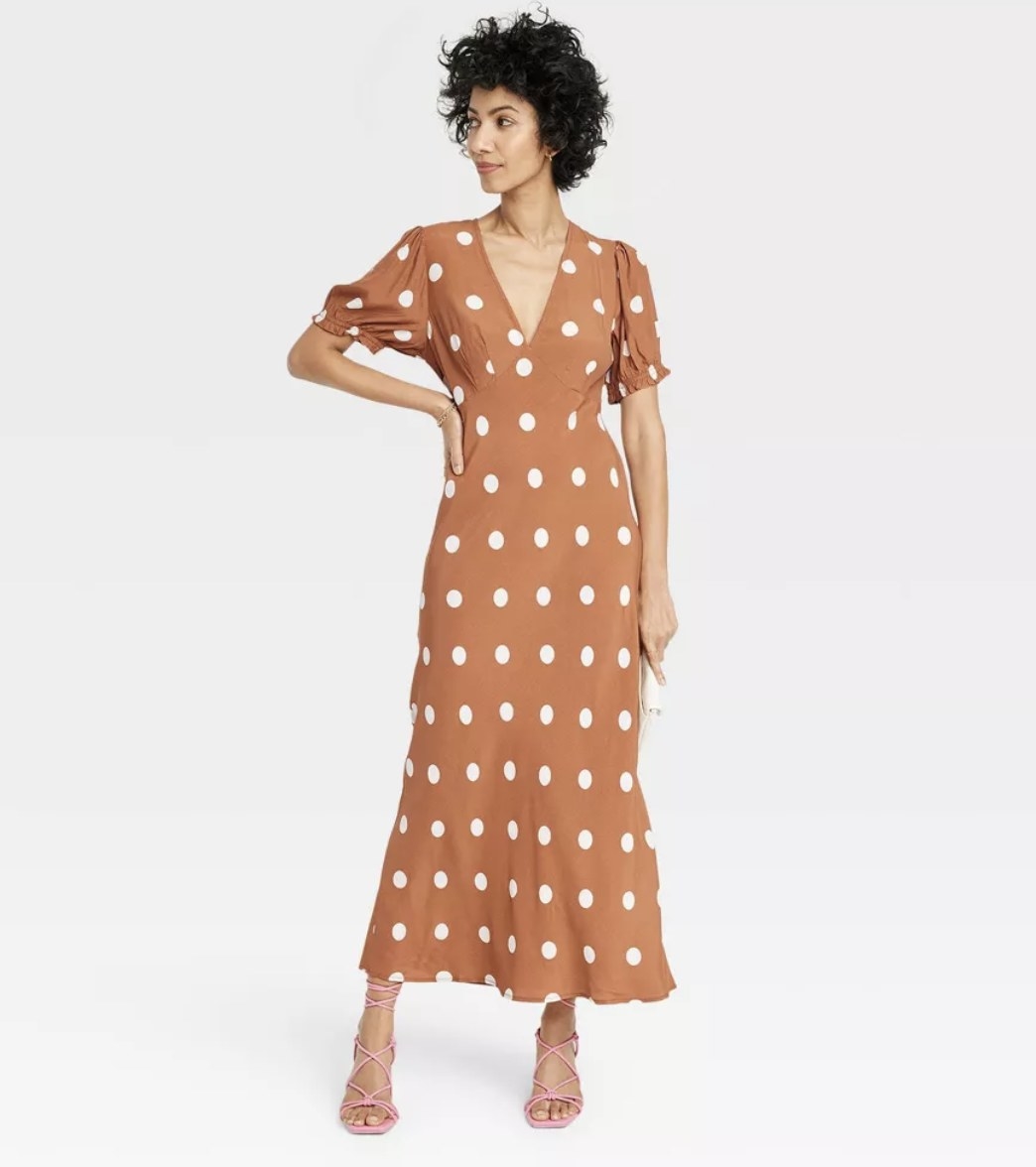 A brown polka dot maxi dress