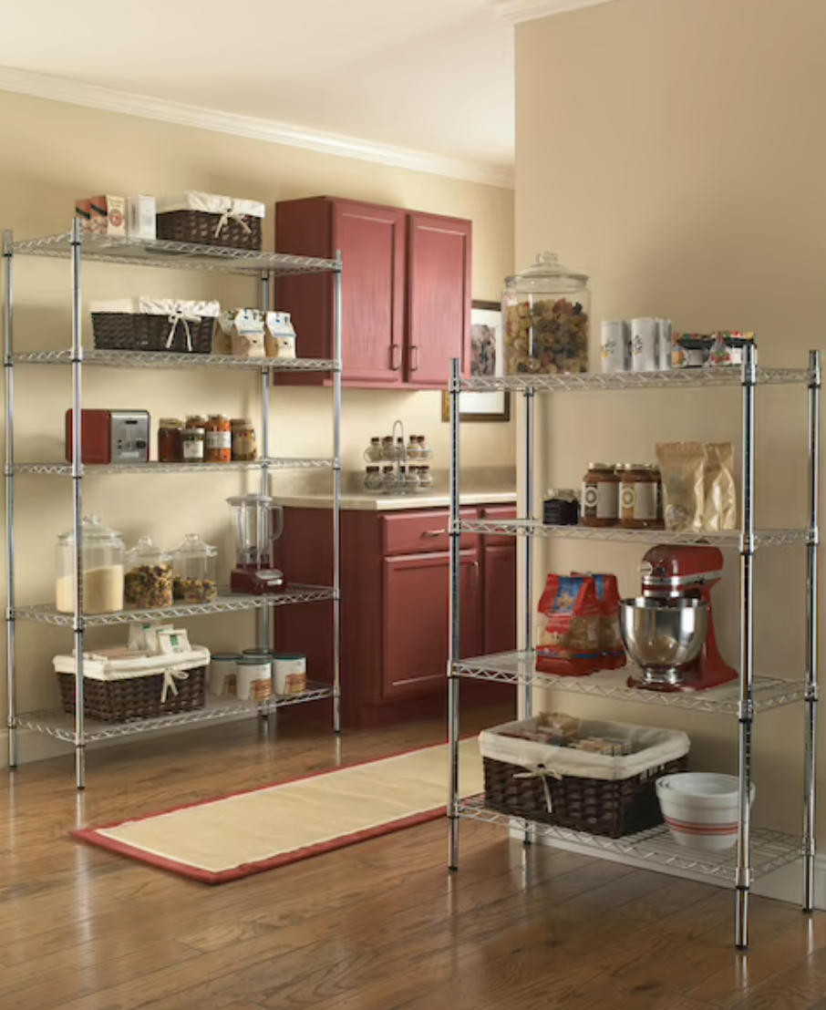 two of the wire shelving units in a kitchen