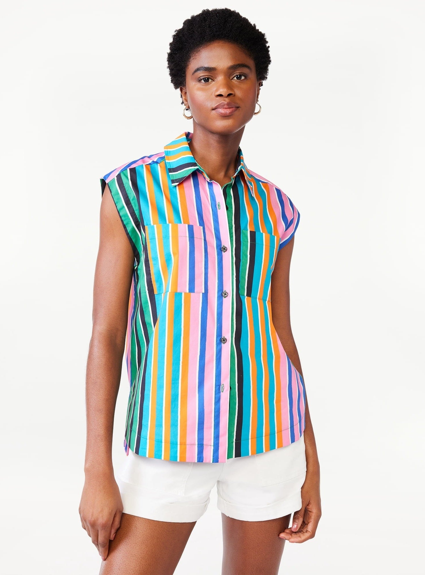 A model in the multi colored striped top