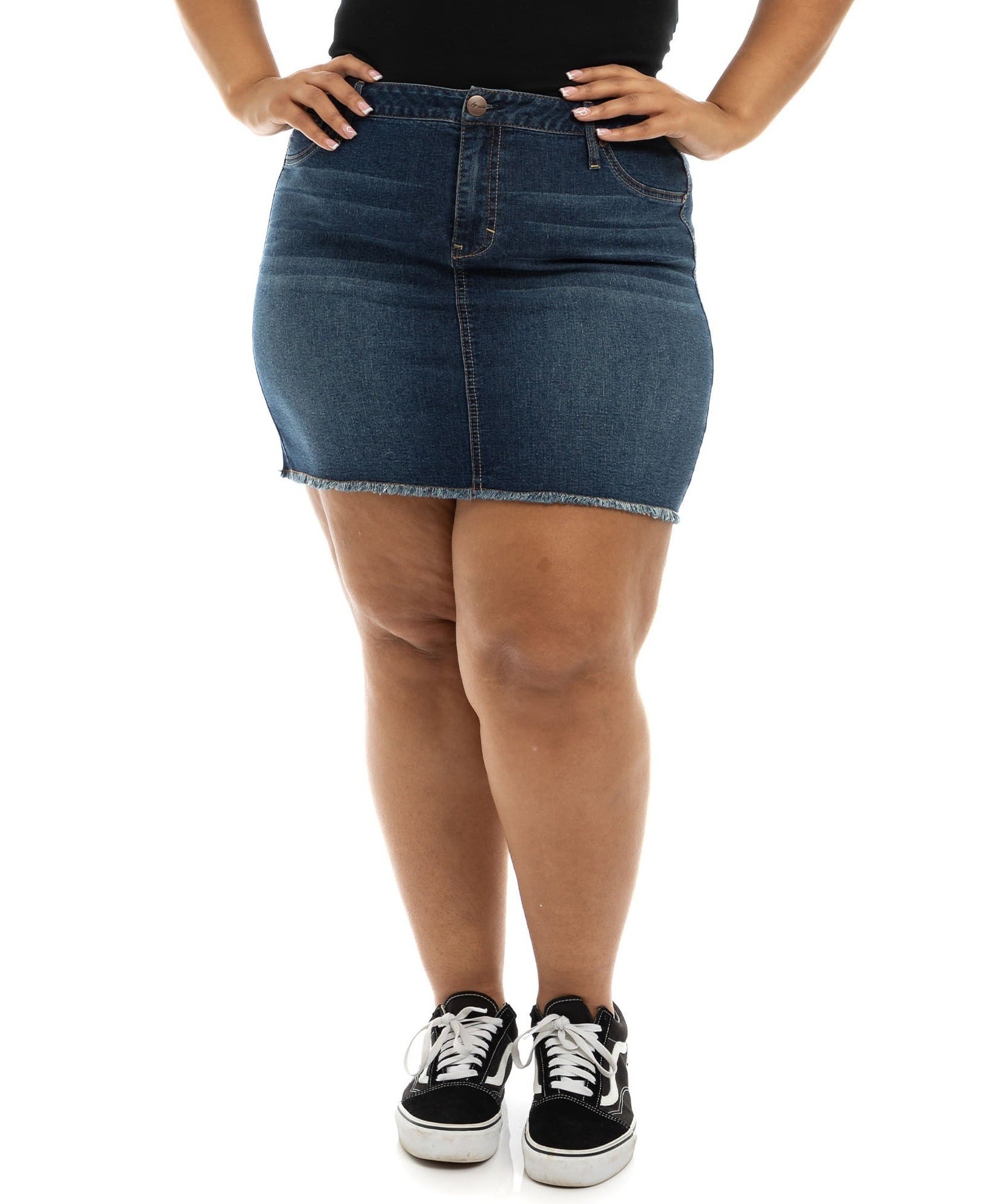 A model in the blue jean skirt