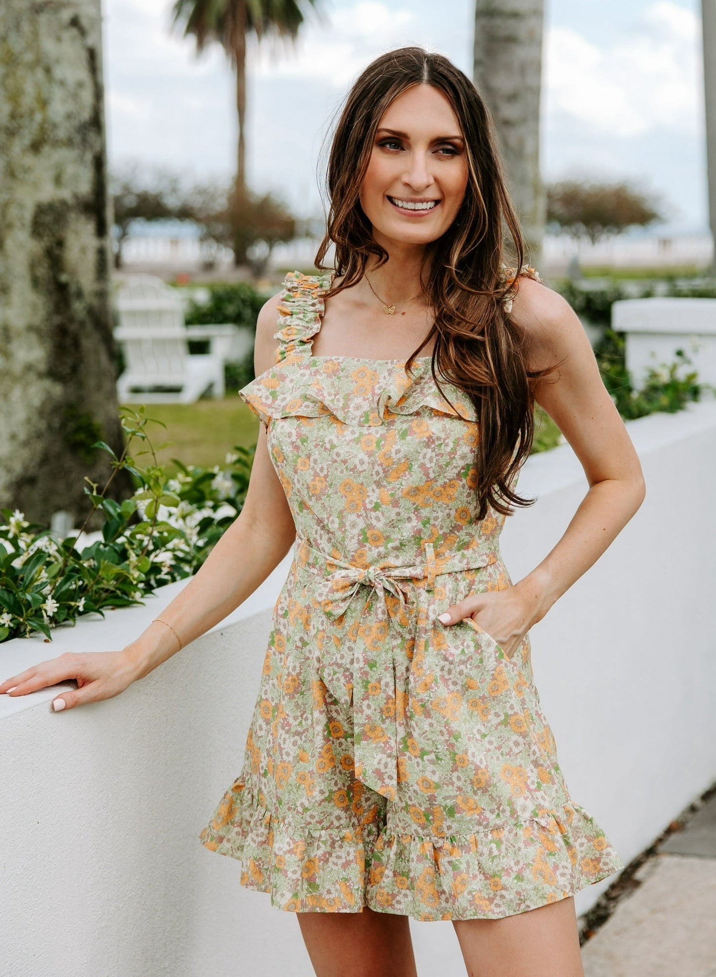A model in the micro floral jumpsuit