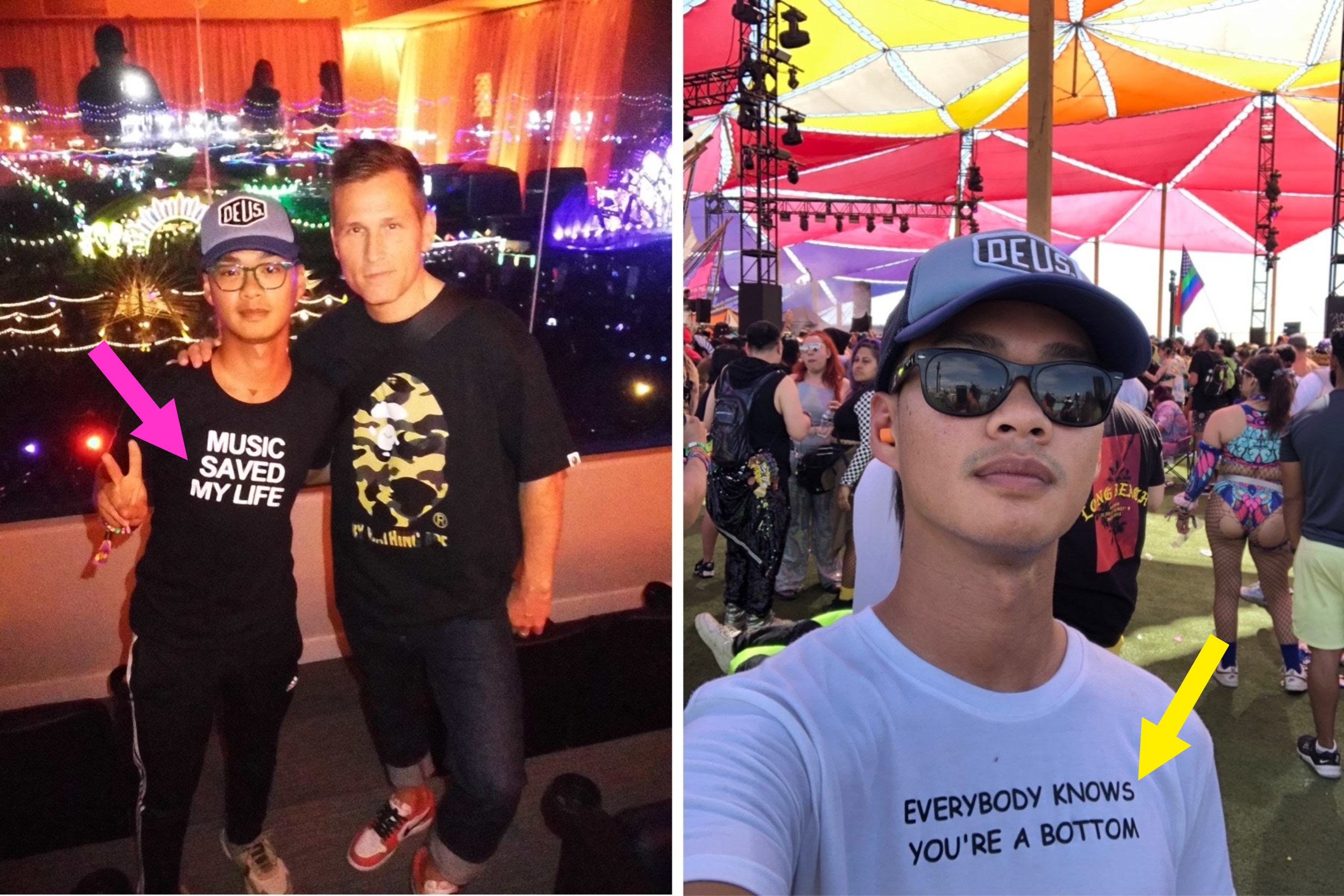 (left) author with t-shirt that says &#x27;music saved my life&#x27; next to kaskade (right) author wearing shirt that says &#x27;everybody knows you&#x27;re a bottom&#x27;