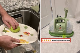 on left, hand washing dish with green reusable Swedish cloth. on right, small green Bissell carpet cleaner on clean white carpet