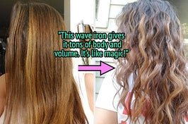 reviewer's straight hair before "This wave iron gives it tons of body and volume. It’s like magic!", and after using the waver