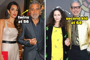 Amal, George Clooney, Emilie Livingston, Jeff Goldblum, text: twins at 56 second kid at 64