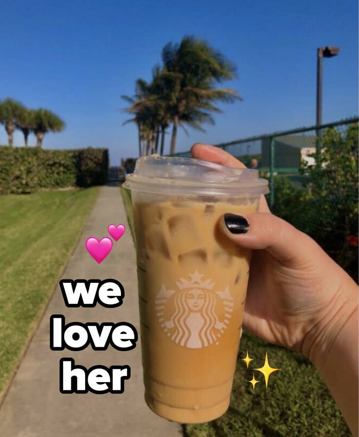 Kelsie&#x27;s hand holding an iced coffee with text beside it that says &quot;we love her&quot;