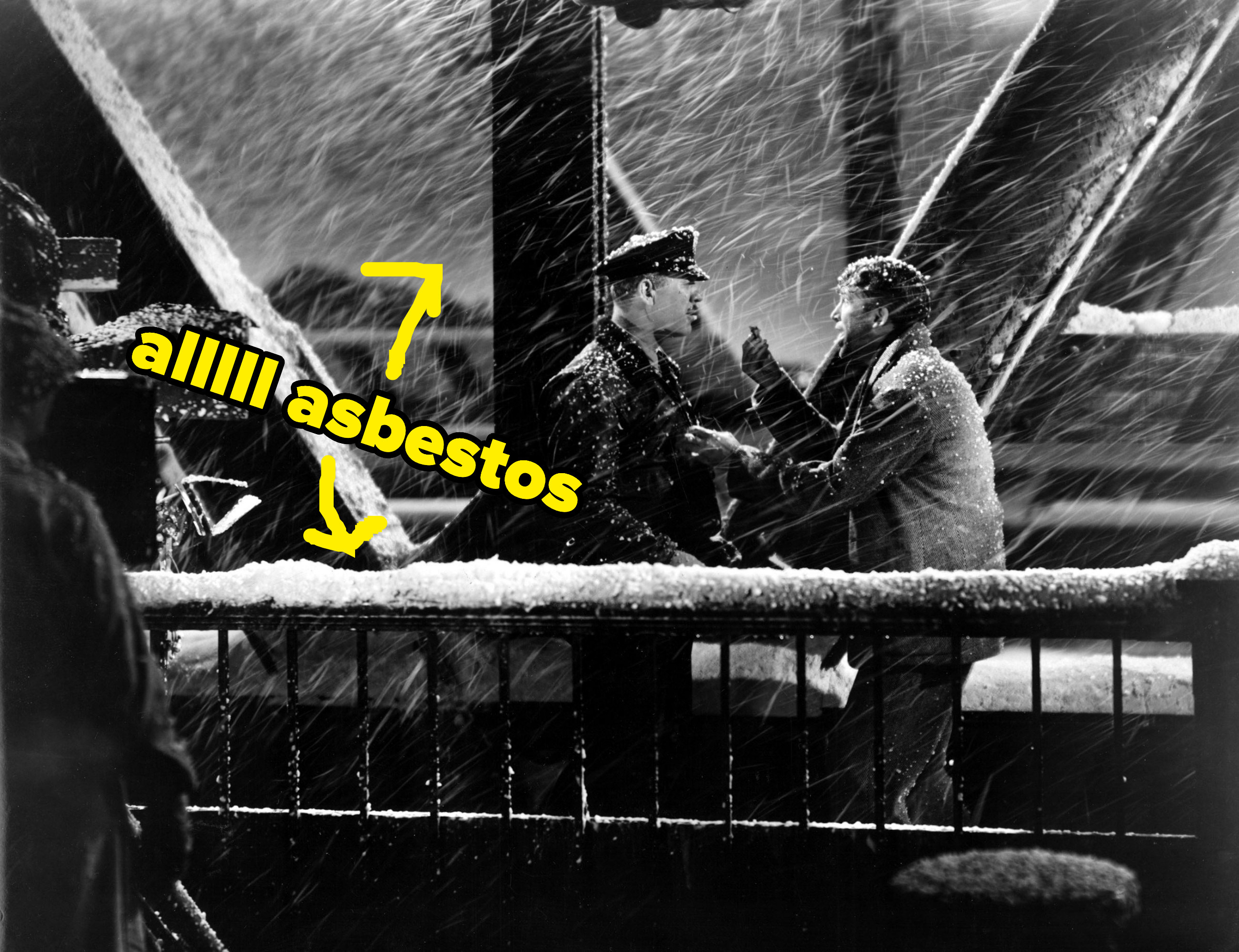 A scene from It&#x27;s a Wonderful Life featuring Jimmy Stewart with asbestos in the air