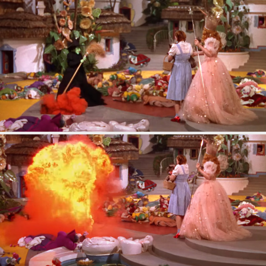 A scene from The Wizard of Oz showing the flame engulfing Margaret as the Wicked WItch