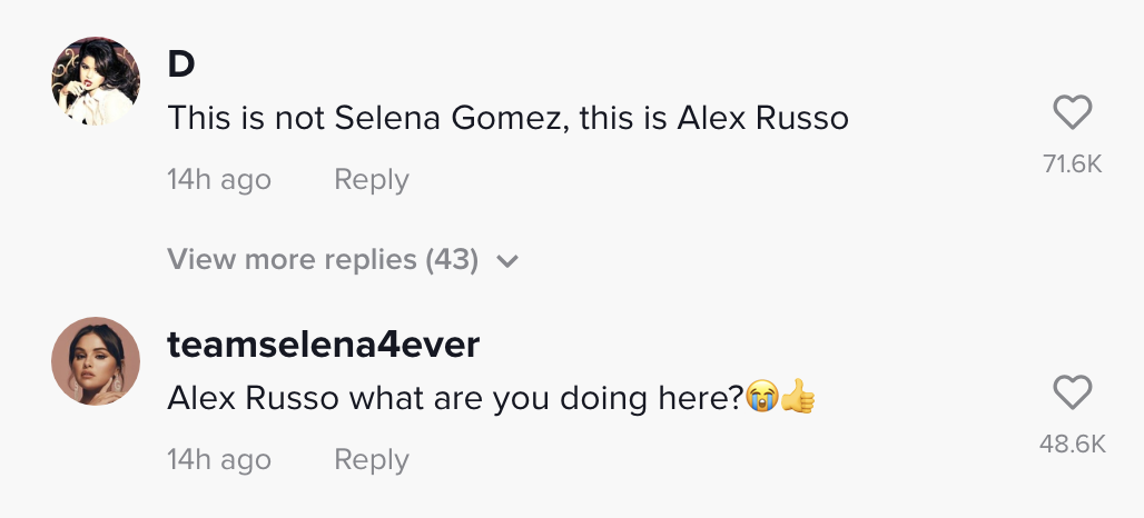 People making jokes: &quot;This is not Selena Gomez, this is Alex Russo&quot; and &quot;Alex Russo what are you doing here?&quot; with sob and thumbs-up emojis