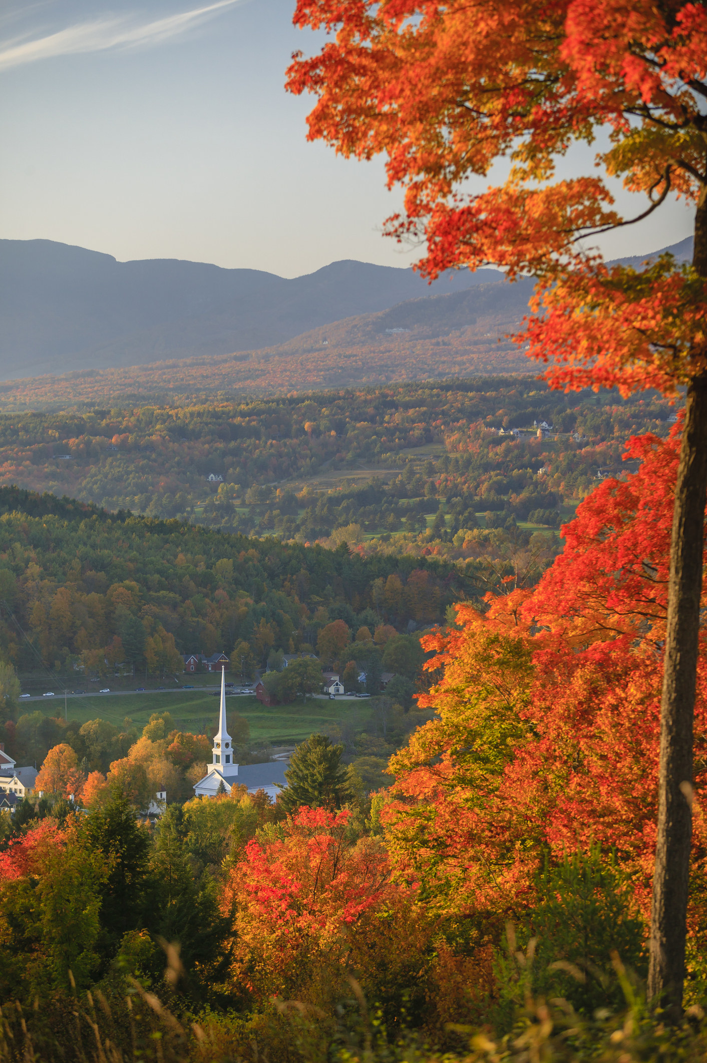 Fall foliage in a Vermont town.