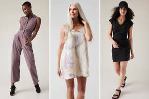on the left a purple tank collared jumpsuit, in the middle a white watercolor pattern slip nightgown, on the right a black t-shirt v-neck dress