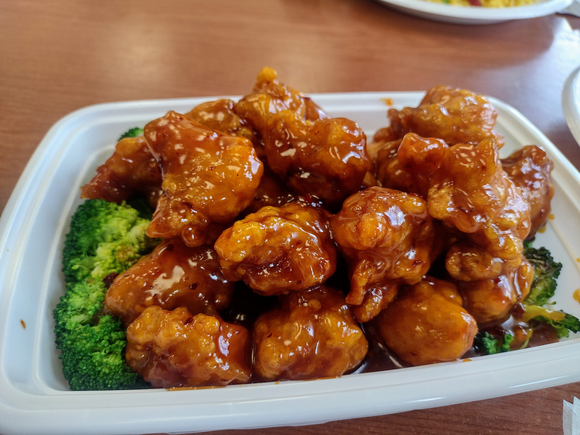 A take-out container of General Tso&#x27;s Chicken.