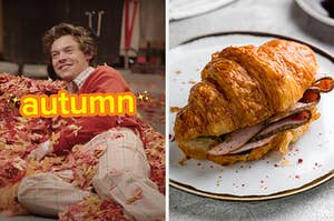 On the left, Harry Styles lying in a pile of autumn leaves labeled autumn, and on the right, a ham and cheese croissant sandwich