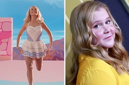 Margot Robbie as Barbie vs Amy Schumer looks back at a photographer taking her picture