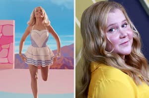 Margot Robbie as Barbie vs Amy Schumer looks back at a photographer taking her picture