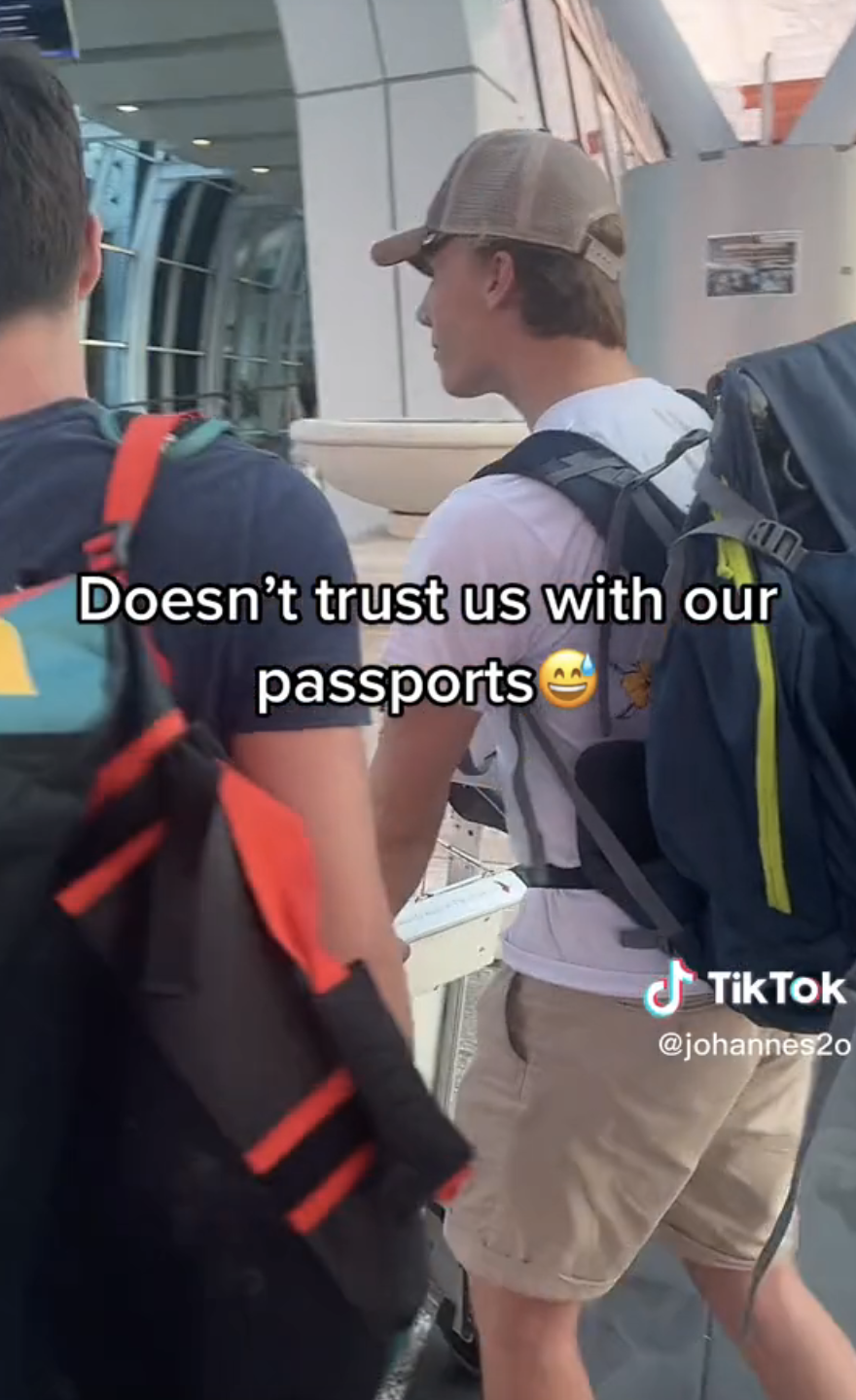 Screenshot of Airport Dad on TikTok with caption &quot;Doesn&#x27;t trust us with our passports&quot; and laugh emoji