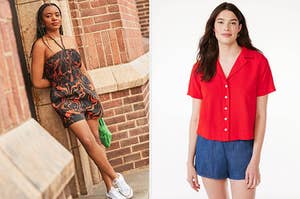 model in a black and orange romper / model in a red button down cropped blouse