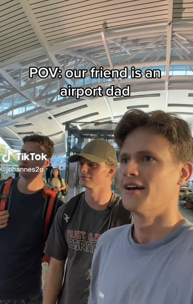 Screenshot of the three friends with caption &quot;POV: our friend is an airport dad&quot;