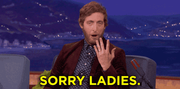 Thomas Middleditch on a talk show showing off his wedding band on his finger and saying &quot;Sorry, ladies&quot;