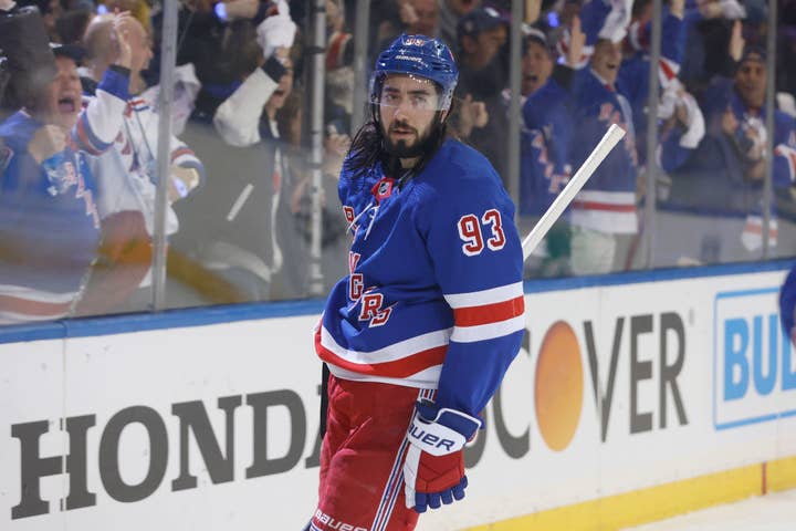 Mika Zibanejad #93 of the New York Rangers celebrates after scoring against the New Jersey Devils