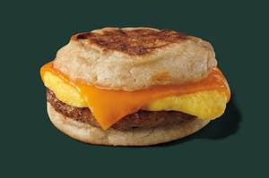A sausage, cheddar, and egg breakfast sandwich from Starbucks