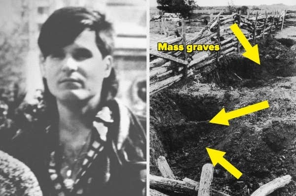 photo of the founder and then a photo of mass graves
