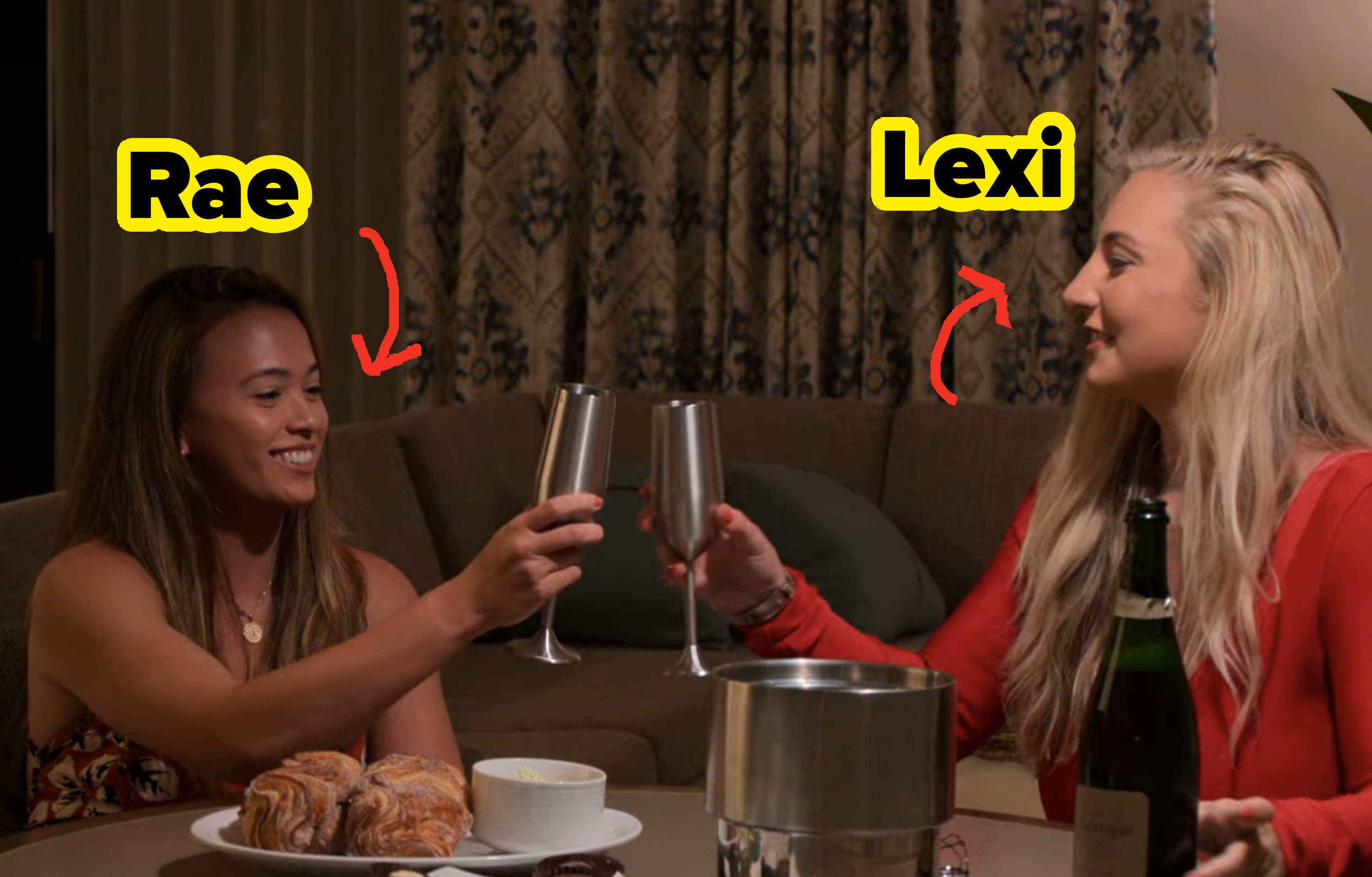 Rae and Lexi do a cheers before they go into separate trial marriages with other people