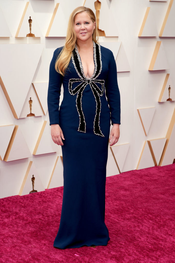 Amy on the red carpet in a long-sleeved deep-V, formfitting gown