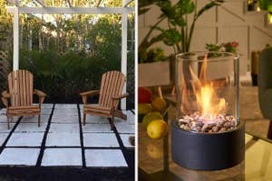on left: two brown Adirondack chairs under white pergola. on right: tabletop fireplace