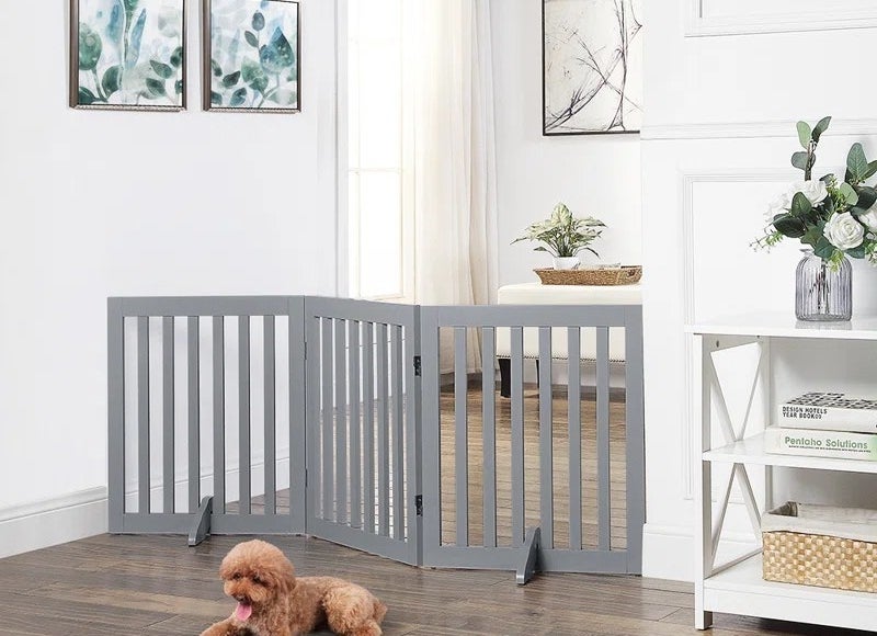 the gate in gray blocking a hallway in a home