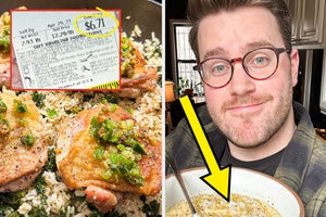 chicken thighs cooked with kale and rice for $6.71, and author holding up a bowl of pasta