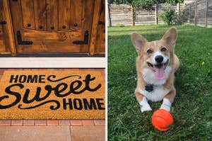 A split frame of a home sweet home doormat and coach the corgi