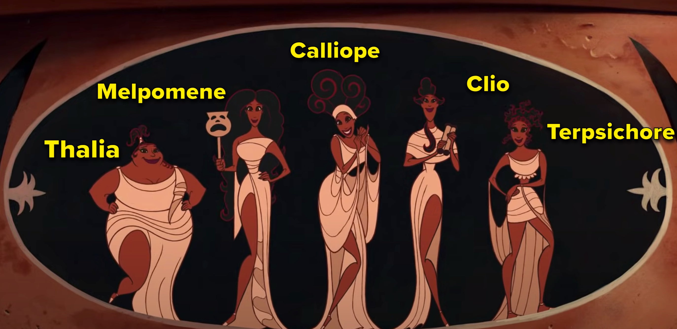 Muses Thalia, Melpomene, Calliope, Clio, and Terpsichore